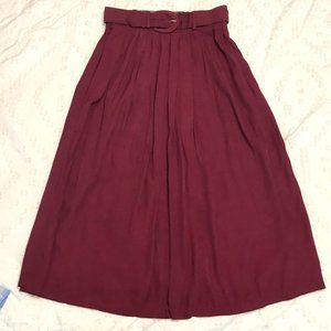 Vintage 80s High Waisted Belted Burgundy Midi Pleated Twirl Skirt